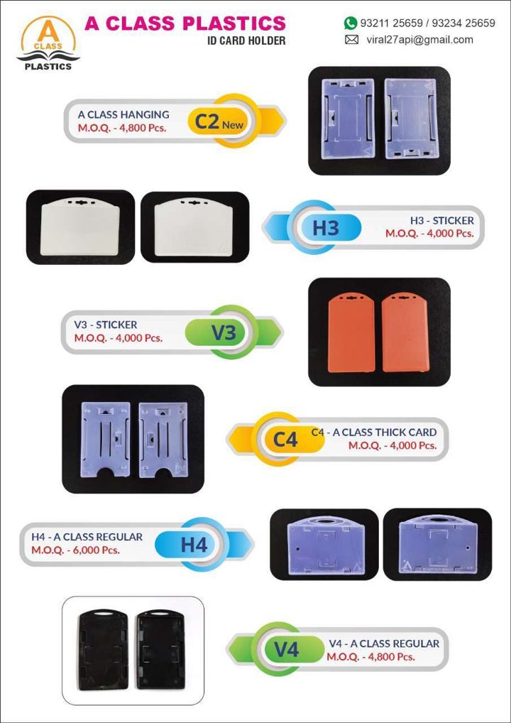 A Class Plastics catalogue page 1: ID Card Holders — A Class Hanging, Sticker, Thick Card & Regular