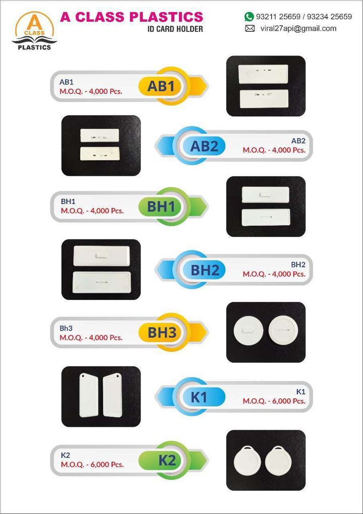 A Class Plastics catalogue page 10: Name Badges & Key Tags — AB, BH, K1 & K2