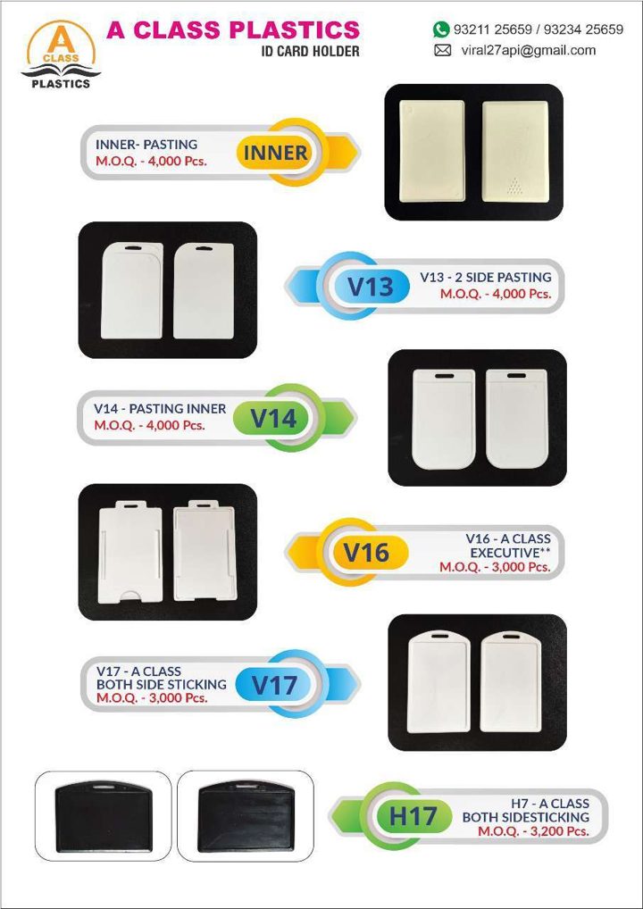 A Class Plastics catalogue page 11: ID Card Holders — Inner Pasting, V13/V14, Executive & Sticking