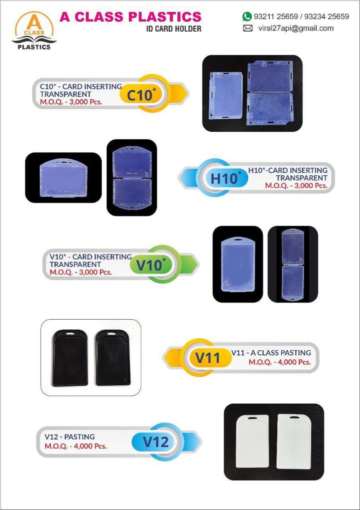 A Class Plastics catalogue page 3: ID Card Holders — Card Inserting Transparent & Pasting