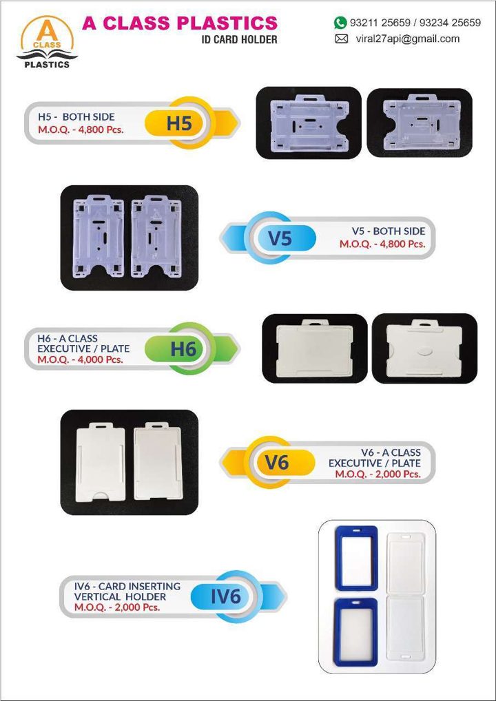 A Class Plastics catalogue page 4: ID Card Holders — Both Side, Executive / Plate & IV6 Inserting
