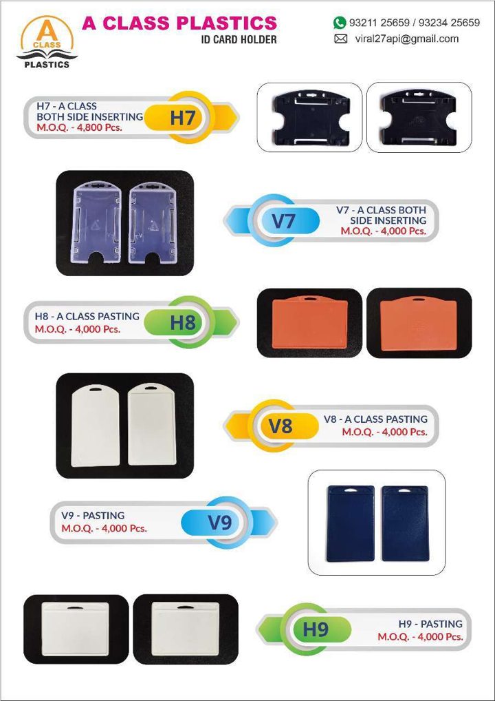 A Class Plastics catalogue page 5: ID Card Holders — Both Side Inserting & Pasting series