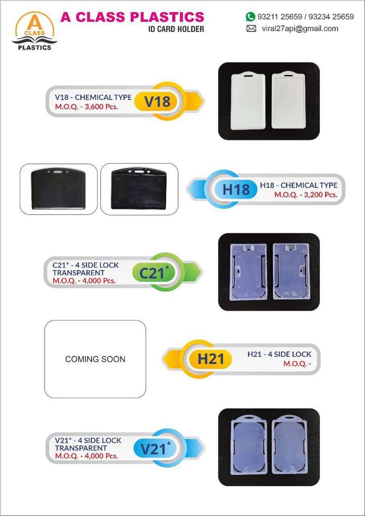 A Class Plastics catalogue page 6: ID Card Holders — Chemical Type & 4-Side Lock Transparent
