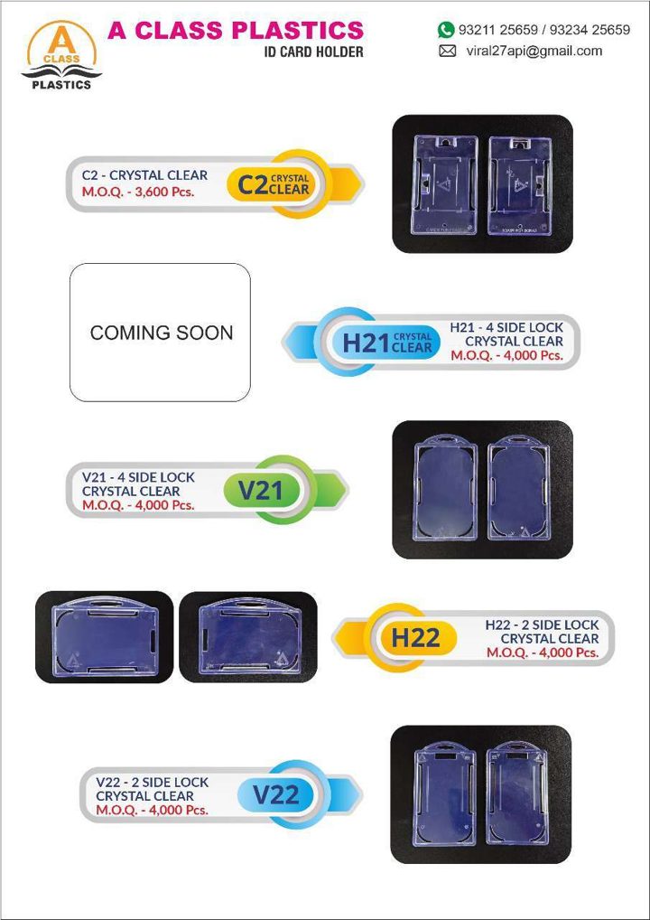 A Class Plastics catalogue page 8: ID Card Holders — Crystal Clear series